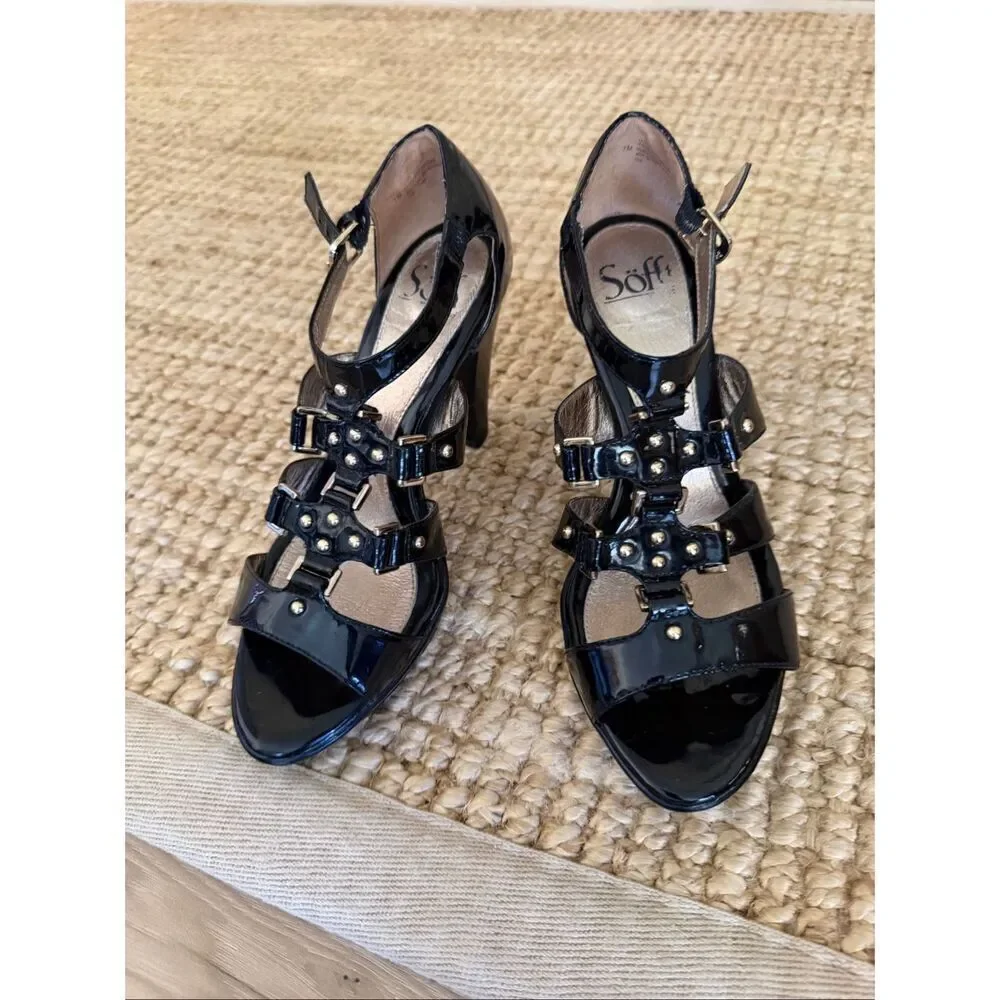 Sofft Black Patent Leather Strappy Platform Sandals Heels Womens 7M